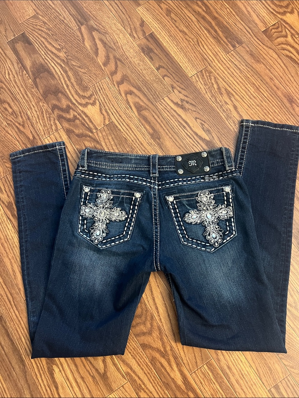 Miss me jeans Embroidered Dark Blue Women's Jeans with Rhinestone Cross Detail